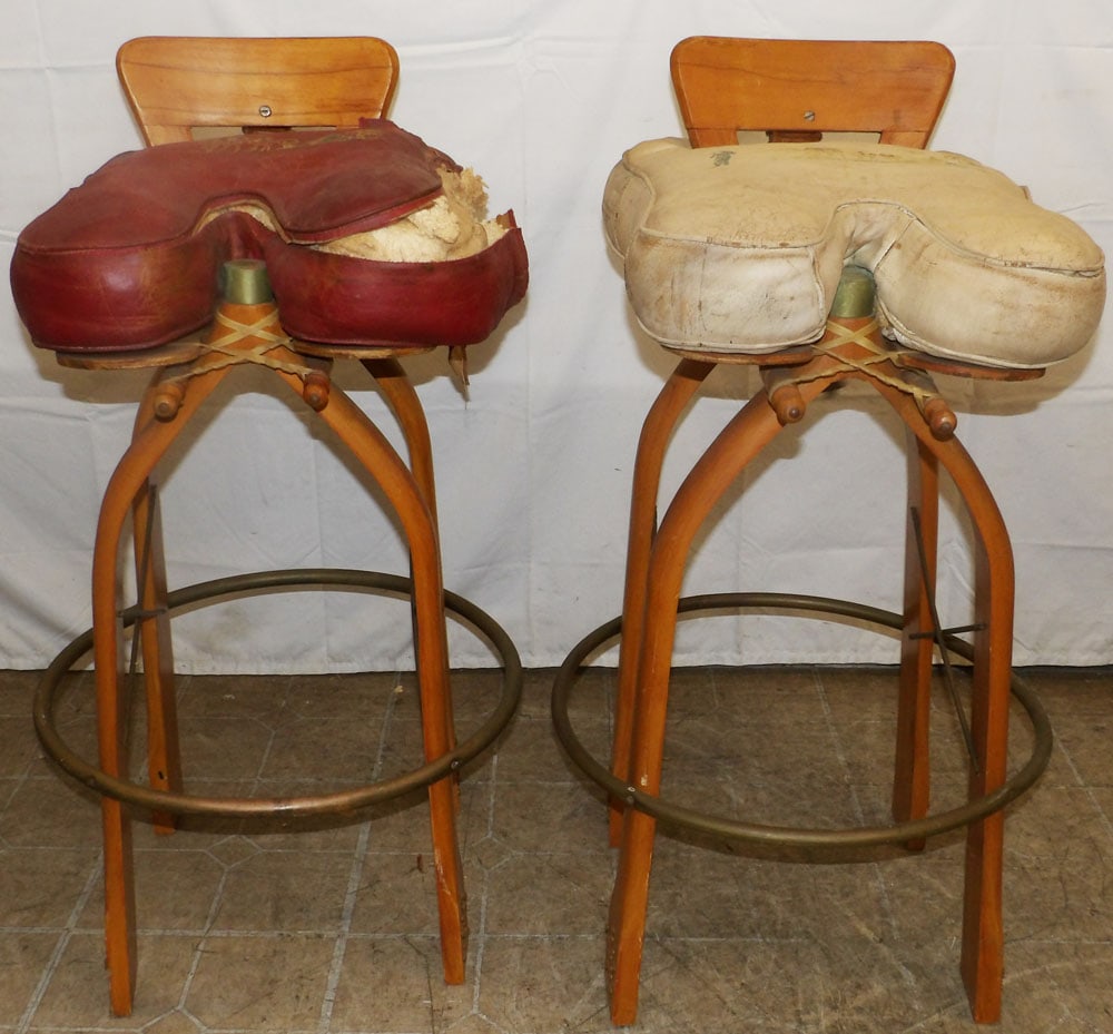 Two Maple & Leather Camel Form Bar Stools - 3