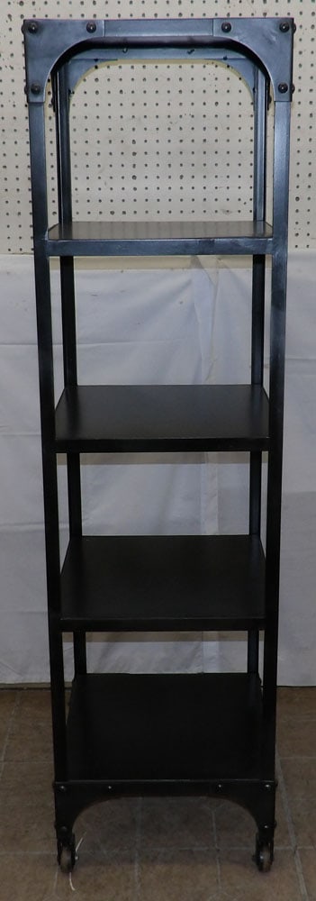 Modern Painted Metal Five Tier Etagere on Rollers: Modern Painted Metal Five Tier Etagere on Rollers . 59" H 16" Dia. ALL DESCRIPTIONS AND ANY CONDITION STATEMENT GIVEN BY LANGSTON AUCTION GALLERY ARE STRICTLY OPINIONS AND LANGSTON'S SHALL HAVE NO RES