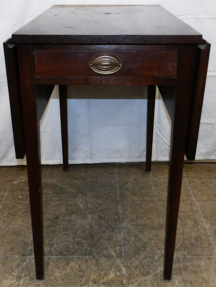 Cherry Drop Leaf Table with One Drawer: Cherry Drop Leaf Table with One Drawer . 28 1/4" H 17 1/2" W 27 3/4" D ALL DESCRIPTIONS AND ANY CONDITION STATEMENT GIVEN BY LANGSTON AUCTION GALLERY ARE STRICTLY OPINIONS AND LANGSTON'S SHALL HAVE