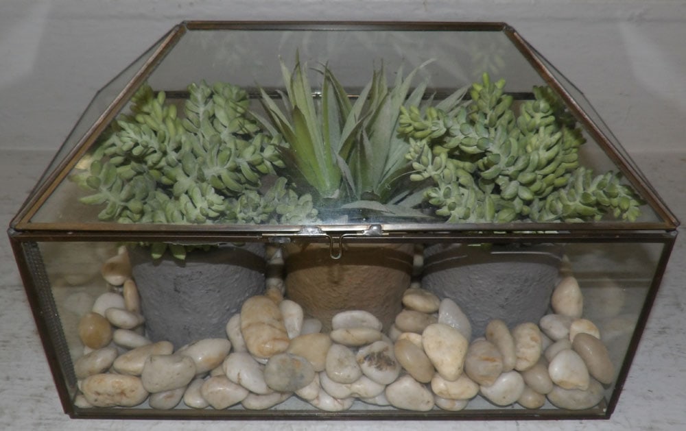 Brass & Glass Enclosed Terrarium: Brass & Glass Enclosed Terrarium. 18 1/4" H 12 3/4" W 6 1/4" D ALL DESCRIPTIONS AND ANY CONDITION STATEMENT GIVEN BY LANGSTON AUCTION GALLERY ARE STRICTLY OPINIONS AND LANGSTON'S SHALL HAVE NO