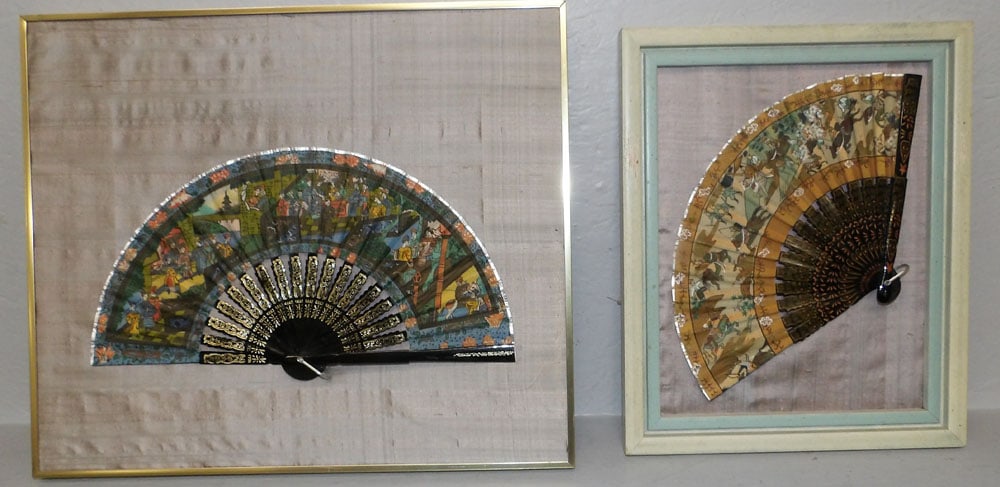 Two Framed Hand Painted Oriental Fans: Two Framed Hand Painted Oriental Fans. 17 1/4" x 20 1/4" ALL DESCRIPTIONS AND ANY CONDITION STATEMENT GIVEN BY LANGSTON AUCTION GALLERY ARE STRICTLY OPINIONS AND LANGSTON'S SHALL HAVE NO RESPONSIBILIT