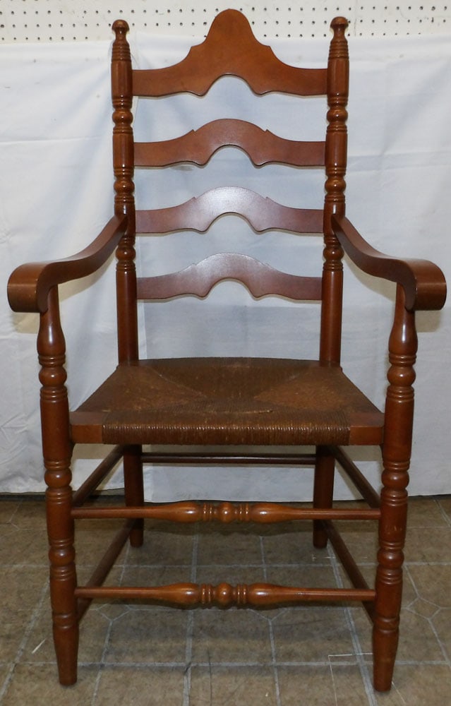 Maple Ladder Back Arm Chair: Maple Ladder Back Arm Chair . 44 3/4" H 23 1/4" W 21 1/2" D ALL DESCRIPTIONS AND ANY CONDITION STATEMENT GIVEN BY LANGSTON AUCTION GALLERY ARE STRICTLY OPINIONS AND LANGSTON'S SHALL HAVE NO