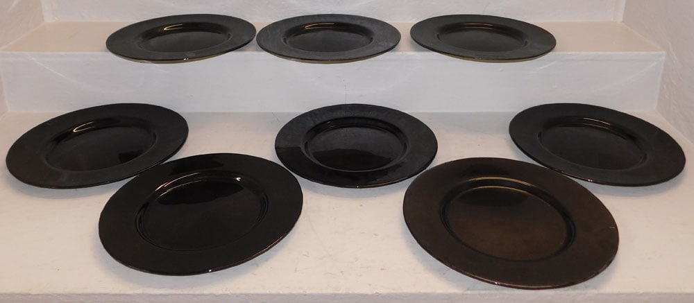 Set of Eight Painted Glass Chargers: Set of Eight Painted Glass Chargers. 13 1/4" Dia. ALL DESCRIPTIONS AND ANY CONDITION STATEMENT GIVEN BY LANGSTON AUCTION GALLERY ARE STRICTLY OPINIONS AND LANGSTON'S SHALL HAVE NO RESPONSIBILITY FOR E