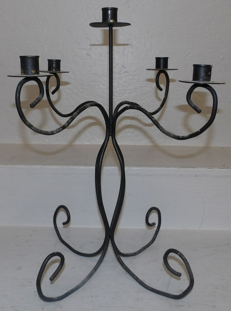 Painted Wrought Iron Five Light Candelabra: Painted Wrought Iron Five Light Candelabra. 18 3/4" H 15" Dia. ALL DESCRIPTIONS AND ANY CONDITION STATEMENT GIVEN BY LANGSTON AUCTION GALLERY ARE STRICTLY OPINIONS AND LANGSTON'S SHALL HAVE NO
