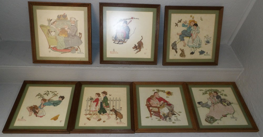 Seven Framed Norman Rockwell Needleworks: Seven Framed Norman Rockwell Needleworks . 13" x 13" ALL DESCRIPTIONS AND ANY CONDITION STATEMENT GIVEN BY LANGSTON AUCTION GALLERY ARE STRICTLY OPINIONS AND LANGSTON'S SHALL HAVE NO RESPONSIBILITY