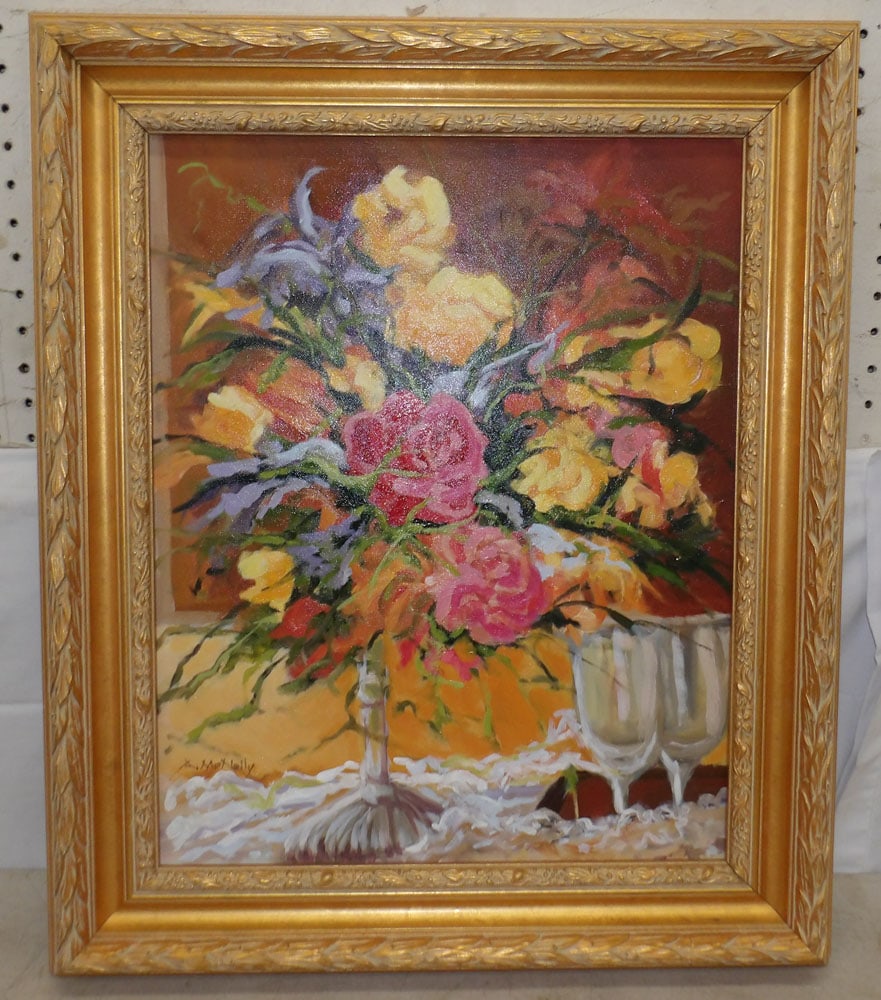 Framed Oil on Canvas Still Life Artist Signed: Framed Oil on Canvas Still Life Artist Signed . 25 3/4" x 21 3/4" ALL DESCRIPTIONS AND ANY CONDITION STATEMENT GIVEN BY LANGSTON AUCTION GALLERY ARE STRICTLY OPINIONS AND LANGSTON'S SHALL HAVE NO RESP