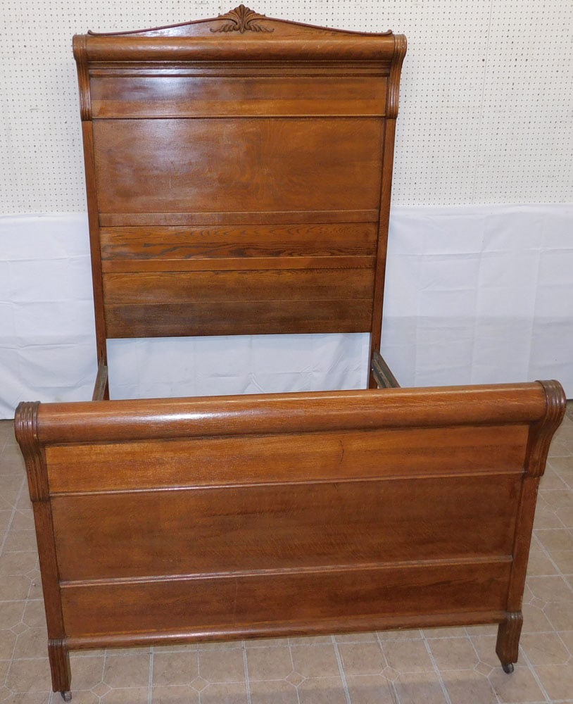 Antique High Back Oak Full Size Bed with Rails (1 of 7)