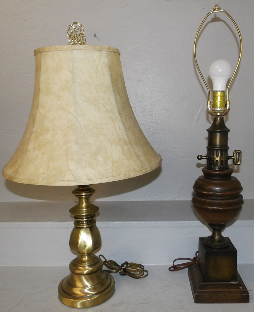 Gilded Metal Lamp & Gilded Metal & Wood Lamp: Gilded Metal Lamp & Gilded Metal & Wood Lamp. Up to 31" H 6" Dia. ALL DESCRIPTIONS AND ANY CONDITION STATEMENT GIVEN BY LANGSTON AUCTION GALLERY ARE STRICTLY OPINIONS AND LANGSTON'S SHALL HAVE NO