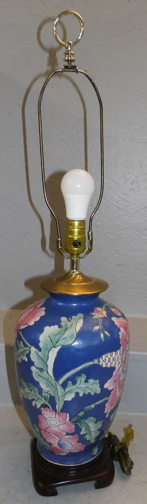 Painted Porcelain Oriental Vase Made Into Lamp: Painted Porcelain Oriental Vase Made Into Lamp. 30" H 8" Dia. "ALL DESCRIPTIONS AND ANY CONDITION STATEMENT GIVEN BY LANGSTON AUCTION GALLERY ARE STRICTLY OPINIONS AND LANGSTON'S SHALL HAVE NO RESPONS