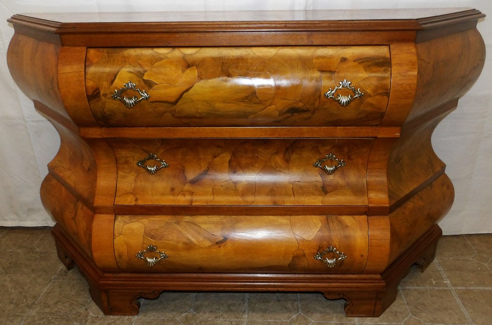Burled Walnut Bombay Italian Style Three Drawer Commode: Burled Walnut Bombay Italian Style Three Drawer Commode. 30" H 51" W 15" D "ALL DESCRIPTIONS AND ANY CONDITION STATEMENT GIVEN BY LANGSTON AUCTION GALLERY ARE STRICTLY OPINIONS AND LANGSTON'S SHALL
