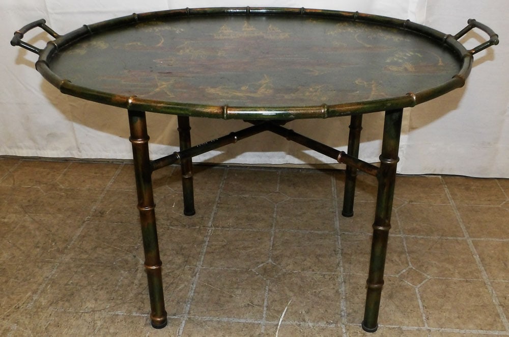 Chinoiserie Paint Decorated Metal Faux Bamboo Tea Table: Chinoiserie Paint Decorated Metal Faux Bamboo Tea Table. 19 1/4" H 32 1/2" W 26" D "ALL DESCRIPTIONS AND ANY CONDITION STATEMENT GIVEN BY LANGSTON AUCTION GALLERY ARE STRICTLY OPINIONS AND LANGSTON'S