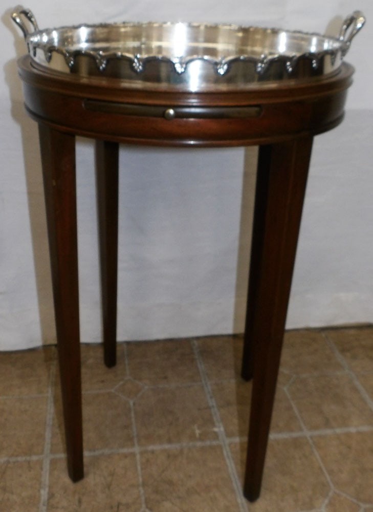 Mahogany & Silver Plated Gallery Tray Top Stand with Slides by Kittinger: Mahogany & Silver Plated Gallery Tray Top Stand with Slides by Kittinger. 27" H 17" Dia. "ALL DESCRIPTIONS AND ANY CONDITION STATEMENT GIVEN BY LANGSTON AUCTION GALLERY ARE STRICTLY OPINIONS AND