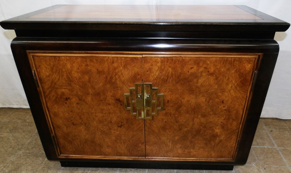 Burled & Walnut Oriental Two Door Cabinet: Burled & Walnut Oriental Two Door Cabinet . 30 1/4" H 39 3/4" W 18 1/2" D "ALL DESCRIPTIONS AND ANY CONDITION STATEMENT GIVEN BY LANGSTON AUCTION GALLERY ARE STRICTLY OPINIONS AND LANGSTON'S SHALL