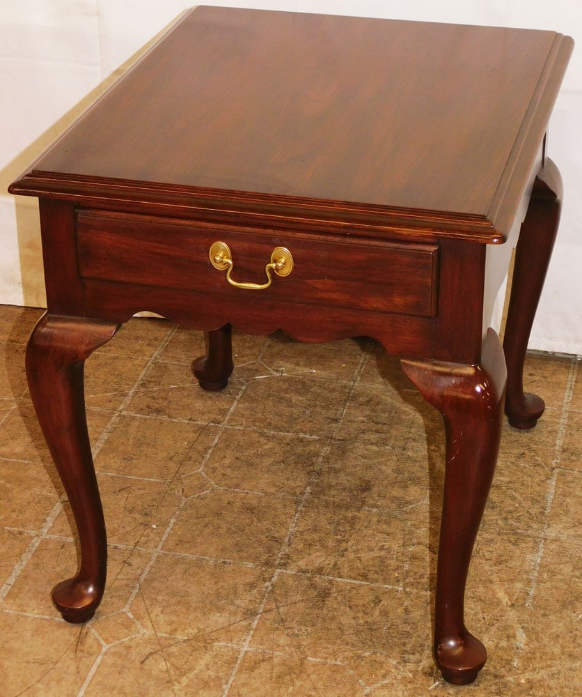 Cherry Queen Anne Style One Drawer End Table by Henkel Harris: Cherry Queen Anne Style One Drawer End Table by Henkel Harris. 22 1/4" H 20 1/4" W 24" D "ALL DESCRIPTIONS AND ANY CONDITION STATEMENT GIVEN BY LANGSTON AUCTION GALLERY ARE STRICTLY OPINIONS AND