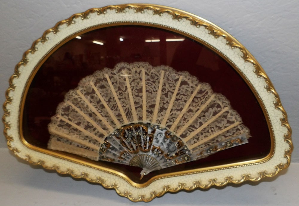 Mother of Pearl Victorian Fan in Enclosed Frame: Mother of Pearl Victorian Fan in Enclosed Frame . 25 1/4" x 17 1/4" "ALL DESCRIPTIONS AND ANY CONDITION STATEMENT GIVEN BY LANGSTON AUCTION GALLERY ARE STRICTLY OPINIONS AND LANGSTON'S SHALL HAVE NO