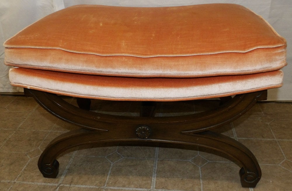Cherry Upholstered Top Ottoman: Cherry Upholstered Top Ottoman . 18 1/2" H 28" W 21" D "ALL DESCRIPTIONS AND ANY CONDITION STATEMENT GIVEN BY LANGSTON AUCTION GALLERY ARE STRICTLY OPINIONS AND LANGSTON'S SHALL HAVE NO