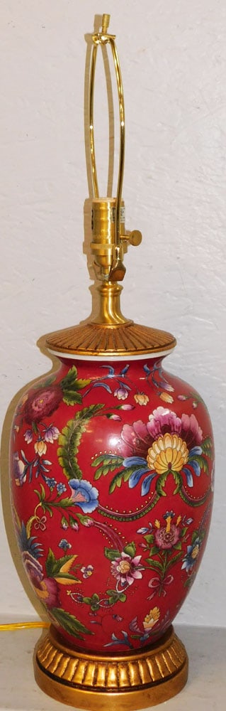 Paint Decorated Red Chinoiserie Style Oriental Porcelain Ginger Jar Made Into Lamp: Paint Decorated Red Chinoiserie Style Oriental Porcelain Ginger Jar Made Into Lamp. 27 1/2" H 8 1/2" Dia. "ALL DESCRIPTIONS AND ANY CONDITION STATEMENT GIVEN BY LANGSTON AUCTION GALLERY ARE STRICTLY O
