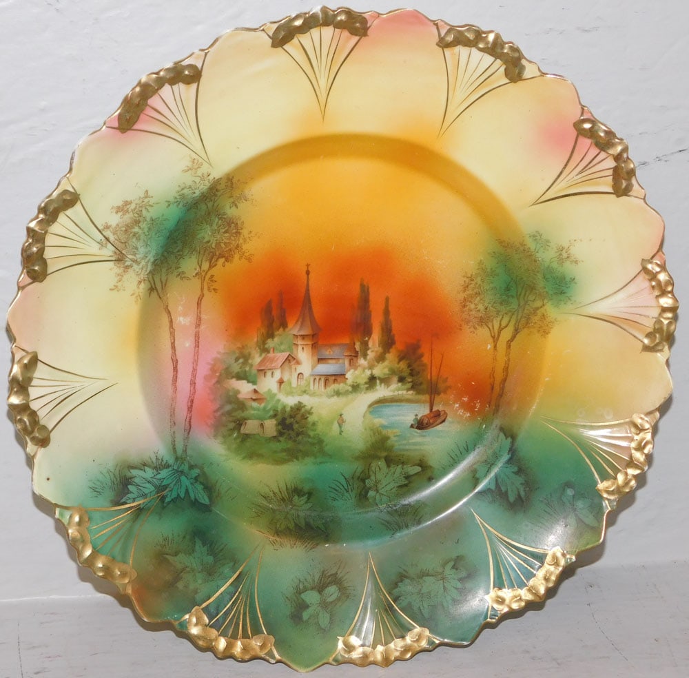 Antique Hand Painted Unsigned R.S. Prussia Porcelain Charger with Castle & Landscape Scene (1 of 3)