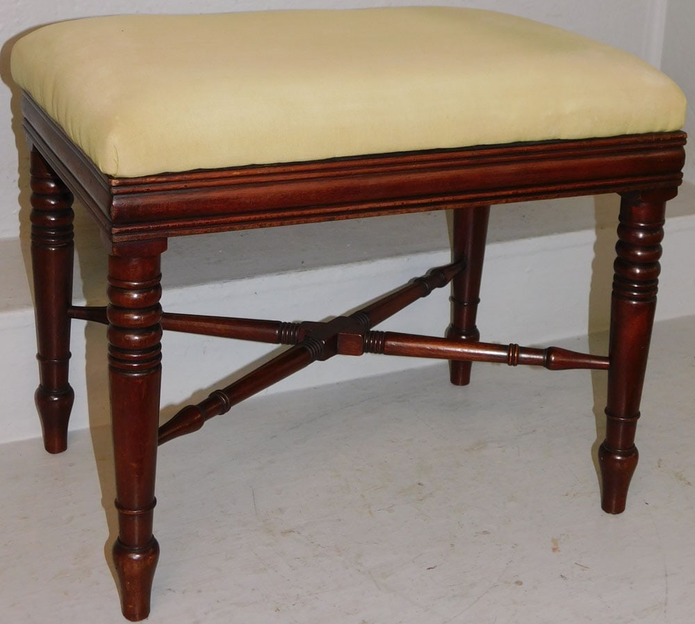 Antique Mahogany Turned Leg Bamboo Stretcher Base Ottoman: Antique Mahogany Turned Leg Bamboo Stretcher Base Ottoman . 18" H 21 1/2" W 14 3/4" D "ALL DESCRIPTIONS AND ANY CONDITION STATEMENT GIVEN BY LANGSTON AUCTION GALLERY ARE STRICTLY OPINIONS AND
