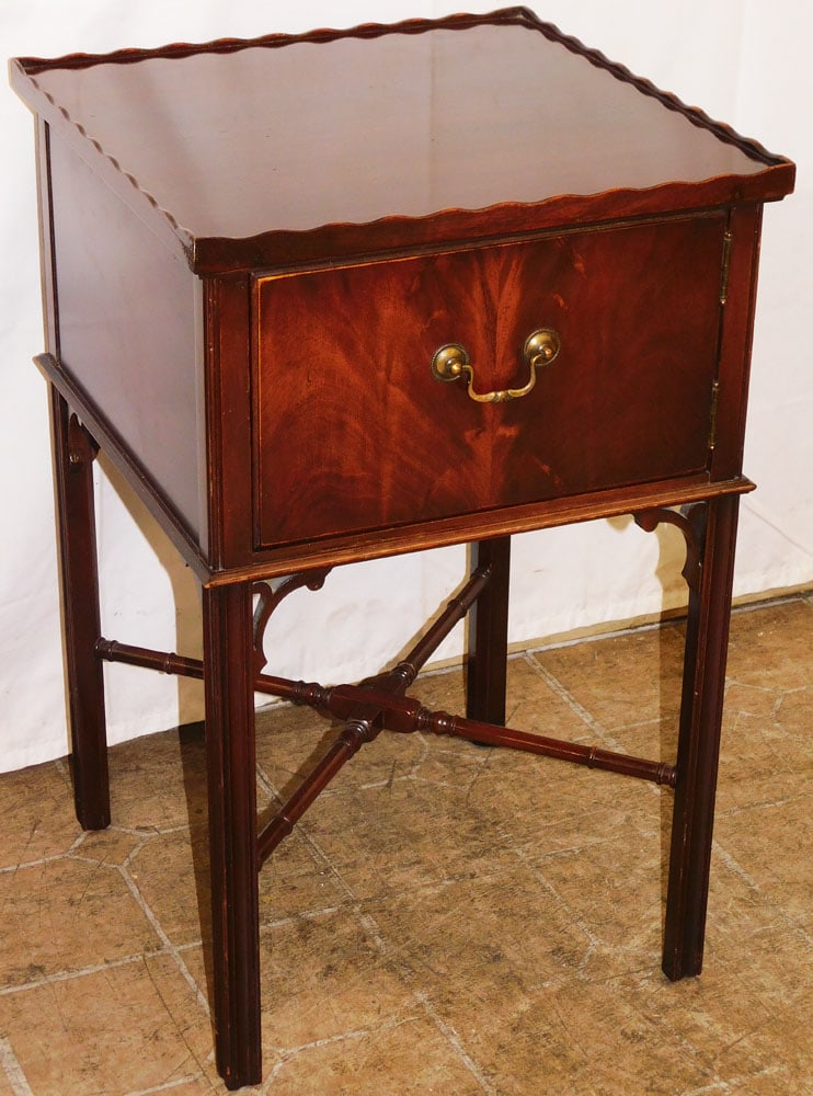 Chinese Chippendale Style Mahogany One Door Commode with Bamboo Stretcher by Grand Rapids: Chinese Chippendale Style Mahogany One Door Commode with Bamboo Stretcher by Grand Rapids. 25 1/2" H 16 1/4" W 16" D "ALL DESCRIPTIONS AND ANY CONDITION STATEMENT GIVEN BY LANGSTON AUCTION GALLERY