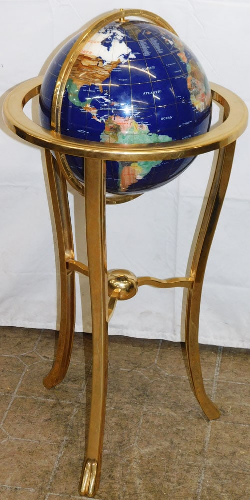 Blue Lapis & Inlaid Stone Alexander Kalifano World Globe on Cast Brass Floor Stand: Blue Lapis & Inlaid Stone Alexander Kalifano World Globe on Cast Brass Floor Stand . 36" H 18" Dia. "ALL DESCRIPTIONS AND ANY CONDITION STATEMENT GIVEN BY LANGSTON AUCTION GALLERY ARE STRICTLY