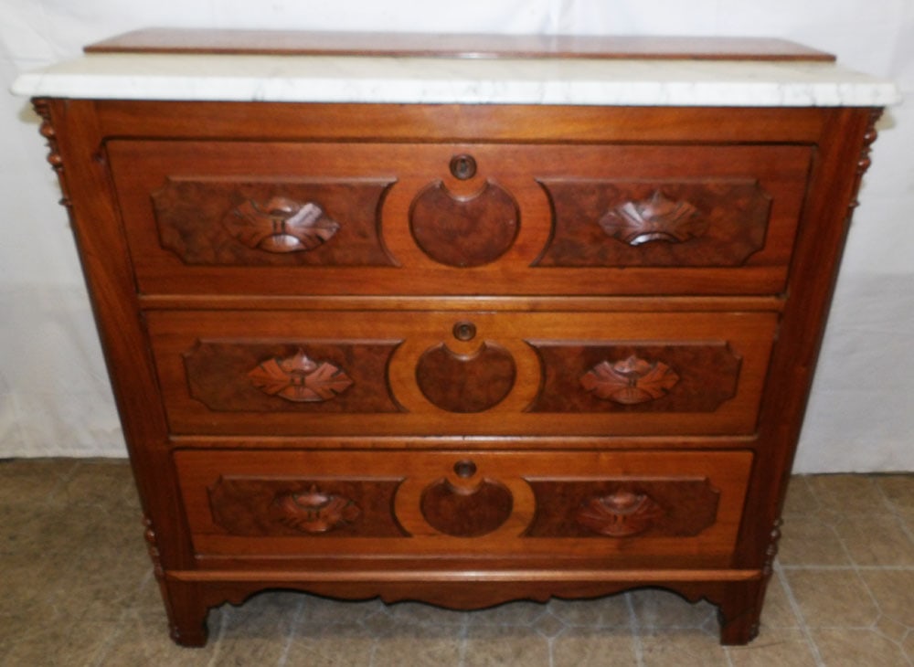 Antique Walnut Victorian Marble Top Three Drawer Chest: Antique Walnut Victorian Marble Top Three Drawer Chest . 37 1/4" H 41 1/2" W 18 3/4" D "ALL DESCRIPTIONS AND ANY CONDITION STATEMENT GIVEN BY LANGSTON AUCTION GALLERY ARE STRICTLY OPINIONS AND