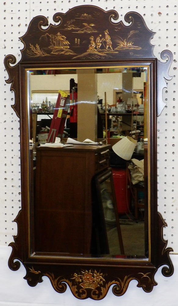 Chinoiserie Decorated Bevel Edge Mirror by Colonial Traditions, Mebane, NC: Chinoiserie Decorated Bevel Edge Mirror by Colonial Traditions, Mebane, NC. 39" x 22 1/2" "ALL DESCRIPTIONS AND ANY CONDITION STATEMENT GIVEN BY LANGSTON AUCTION GALLERY ARE STRICTLY OPINIONS AND