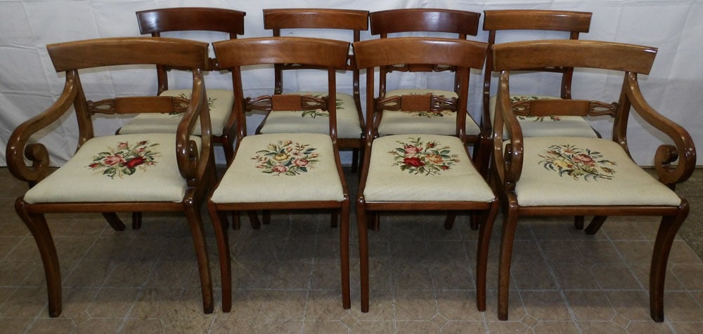 Set of Eight Regency Style Mahogany Dining Chairs with Needlepoint Seats by Suters: Set of Eight Regency Style Mahogany Dining Chairs with Needlepoint Seats by Suters . 32 1/2" H 17 1/2" W 19" D "ALL DESCRIPTIONS AND ANY CONDITION STATEMENT GIVEN BY LANGSTON AUCTION GALLERY ARE STRIC
