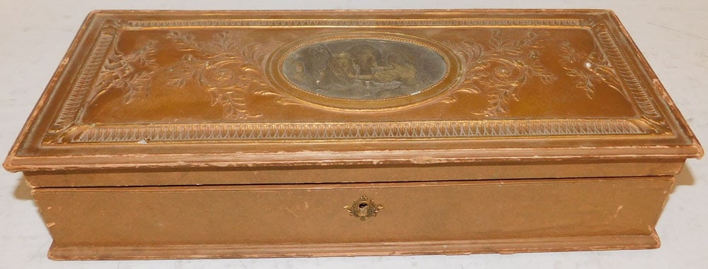Early Vintage Covered Glove Box with Silverplated Scene Medallion (1 of 8)