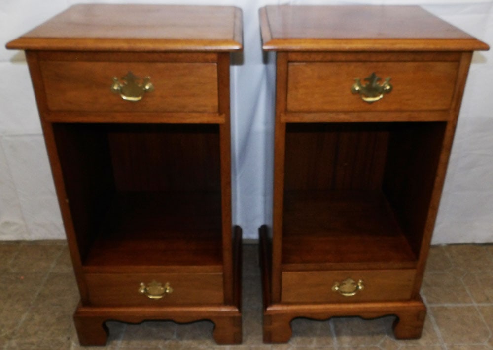 Pair of Bench Made Mahogany Two Drawer Stands by Clawson Furniture, Farmville, VA: Pair of Bench Made Mahogany Two Drawer Stands by Clawson Furniture, Farmville, VA. 33 1/4" H 18" W 16" D "ALL DESCRIPTIONS AND ANY CONDITION STATEMENT GIVEN BY LANGSTON AUCTION GALLERY ARE STRICTLY