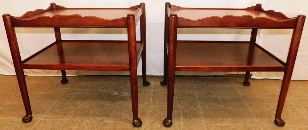 Pair of Cherry Queen Anne Style Two Tier End Tables by Statton: Pair of Cherry Queen Anne Style Two Tier End Tables by Statton . 23 1/2" H 19 1/2" W 25" D "ALL DESCRIPTIONS AND ANY CONDITION STATEMENT GIVEN BY LANGSTON AUCTION GALLERY ARE STRICTLY OPINIONS AND