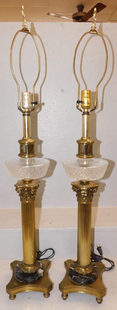 Pair of Gilded Metal Marble Base & Glass Font Banquet Lamps (1 of 3)