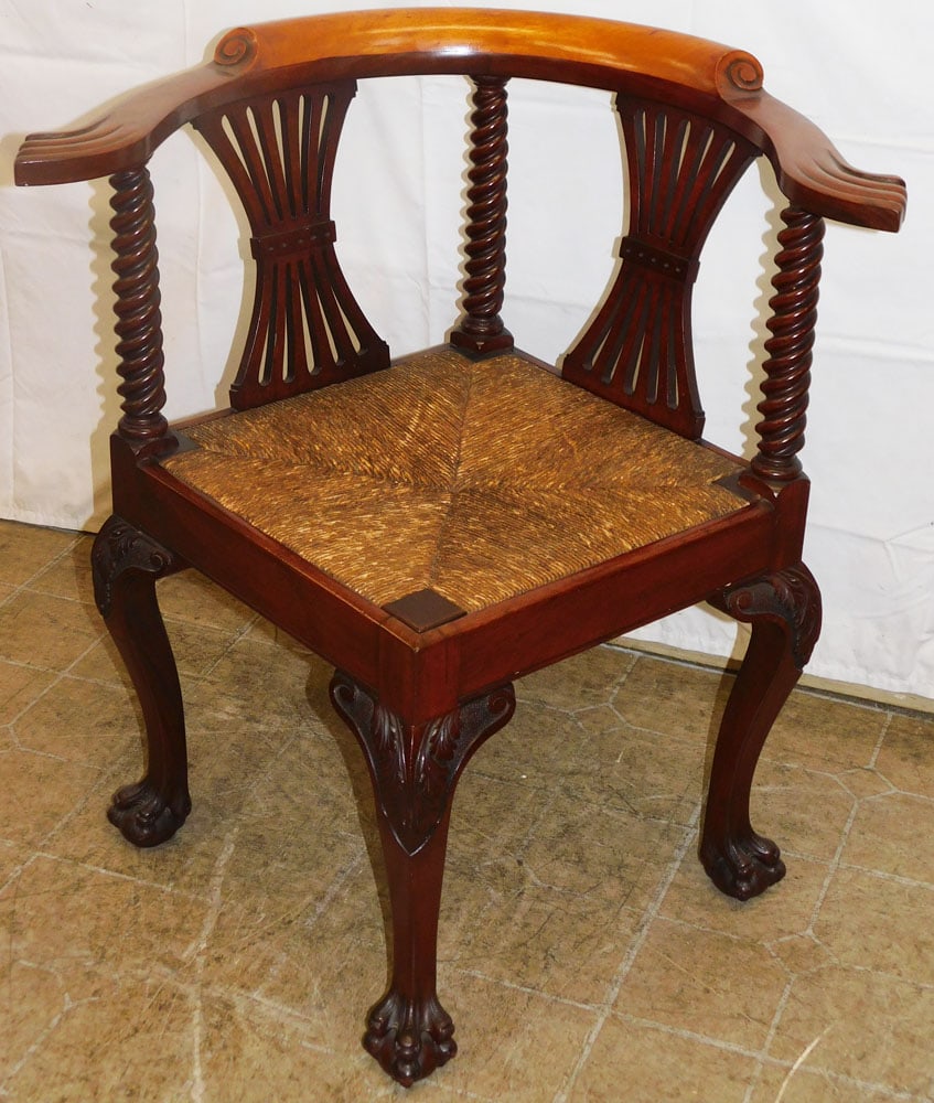 Antique Carved Mahogany Spiral Turned Support Corner Chair with Rush Seat & Claw Feet: Antique Carved Mahogany Spiral Turned Support Corner Chair with Rush Seat & Claw Feet. 31 3/4" H 29 1/4" W 26 1/2" D "ALL DESCRIPTIONS AND ANY CONDITION STATEMENT GIVEN BY LANGSTON AUCTION GALLERY