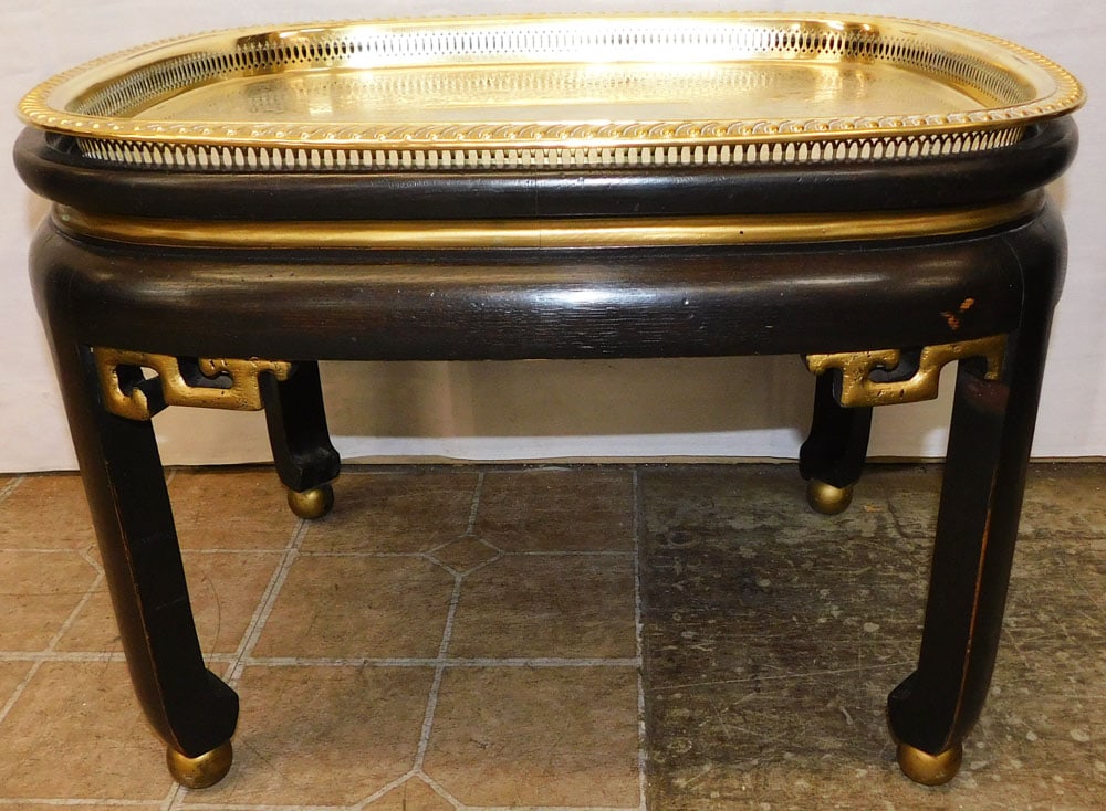 Oriental Painted Wood & Gallery Brass Tray Top Tea Table: Oriental Painted Wood & Gallery Brass Tray Top Tea Table. 17" H 23 1/2" W 18 1/2" D "ALL DESCRIPTIONS AND ANY CONDITION STATEMENT GIVEN BY LANGSTON AUCTION GALLERY ARE STRICTLY OPINIONS AND LANGSTON'S