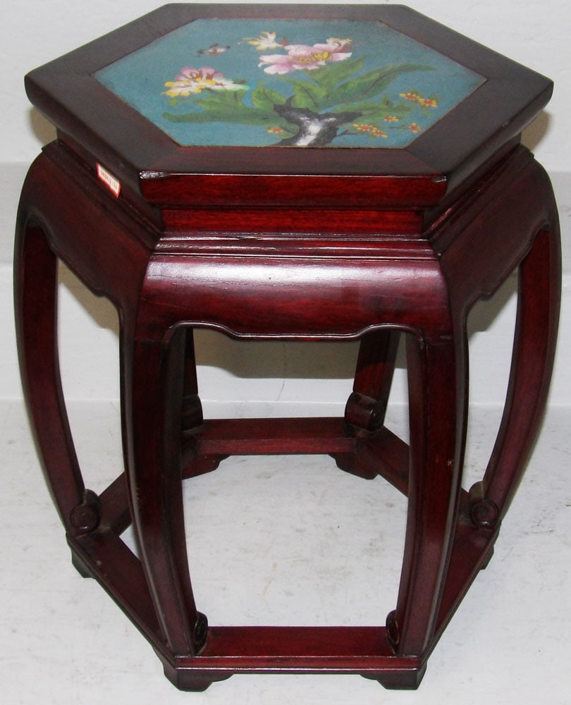 Rosewood Hexagon Form Chinese Plant Stand with Cloisonne Plaque Top (1 of 5)