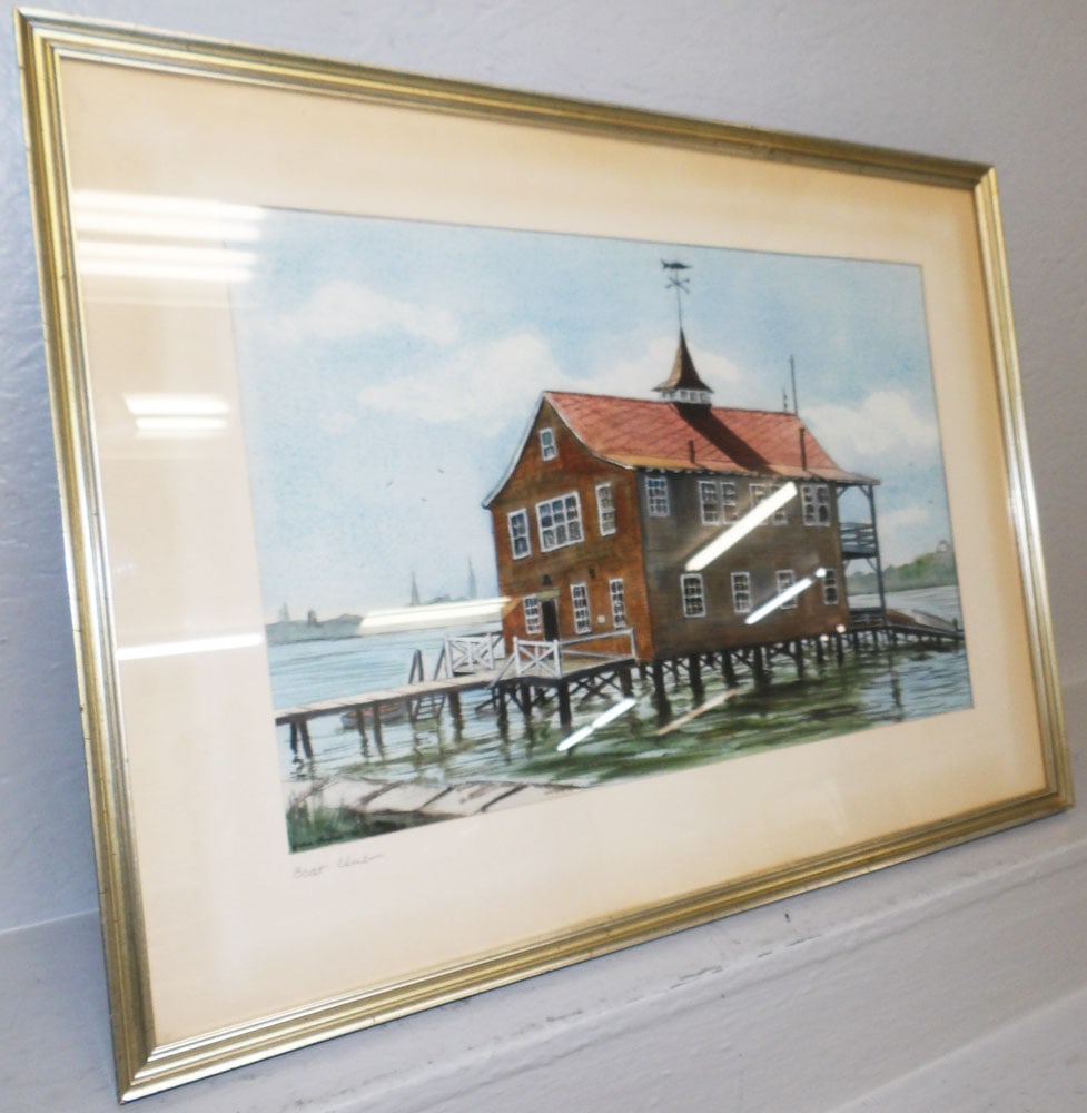 Framed Watercolor of Boat Dock Scene Signed by Julia Bristow: Framed Watercolor of Boat Dock Scene Signed by Julia Bristow. 28 1/4" x 21" "ALL DESCRIPTIONS AND ANY CONDITION STATEMENT GIVEN BY LANGSTON AUCTION GALLERY ARE STRICTLY OPINIONS AND LANGSTON'S SHALL