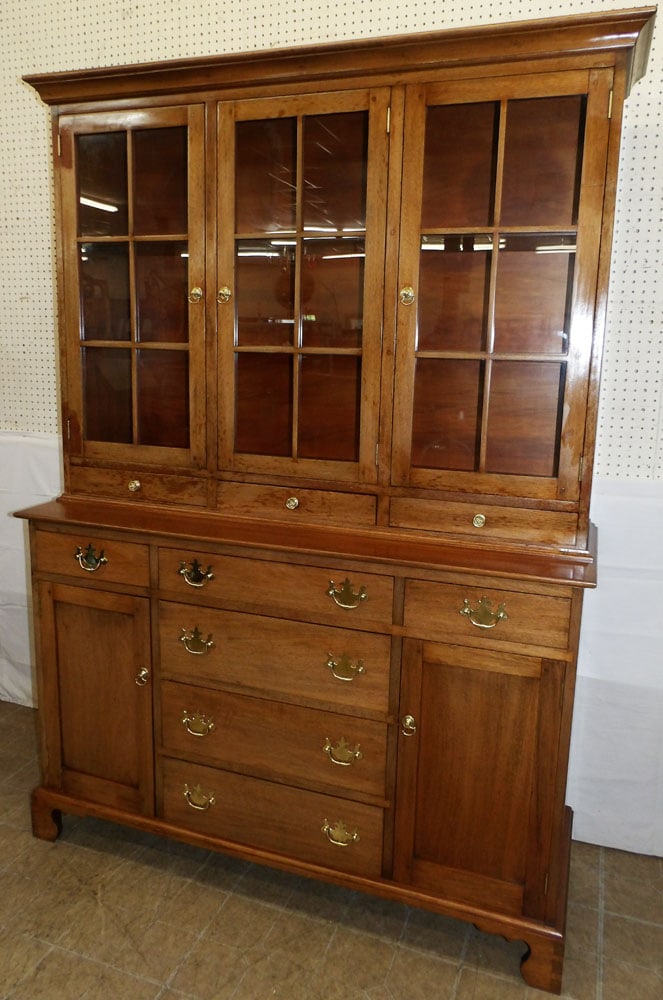 Mahogany Bench Made Two Piece Step Back Cupboard by Clawson Furniture, Farmville, VA: Mahogany Bench Made Two Piece Step Back Cupboard by Clawson Furniture, Farmville, VA. 82 3/4" H 58" W 20" D "ALL DESCRIPTIONS AND ANY CONDITION STATEMENT GIVEN BY LANGSTON AUCTION GALLERY ARE