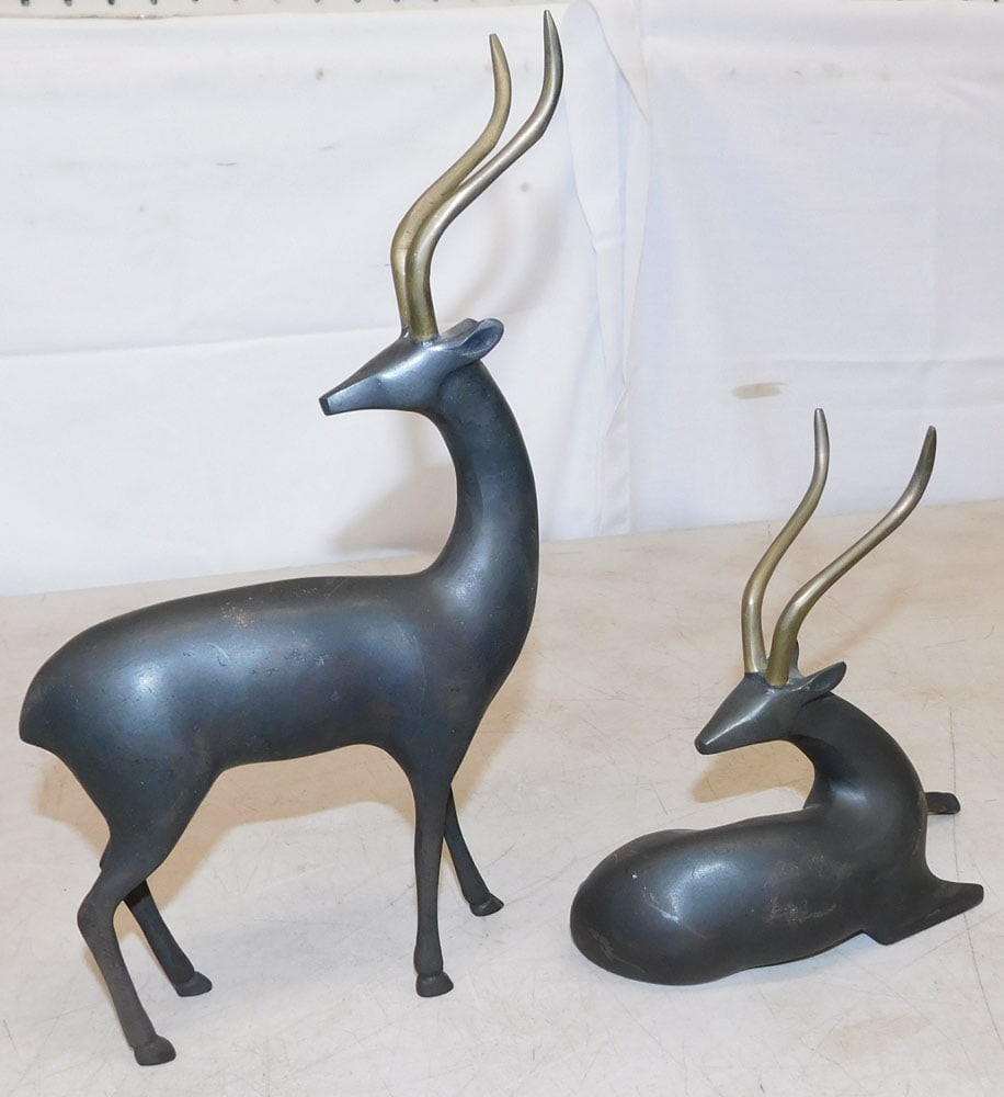 Two Brass Antelope Figures: Two Brass Antelope Figures. Up to 12 1/4" H 9 1/4" W "ALL DESCRIPTIONS AND ANY CONDITION STATEMENT GIVEN BY LANGSTON AUCTION GALLERY ARE STRICTLY OPINIONS AND LANGSTON'S SHALL HAVE NO RESPONSIBILITY