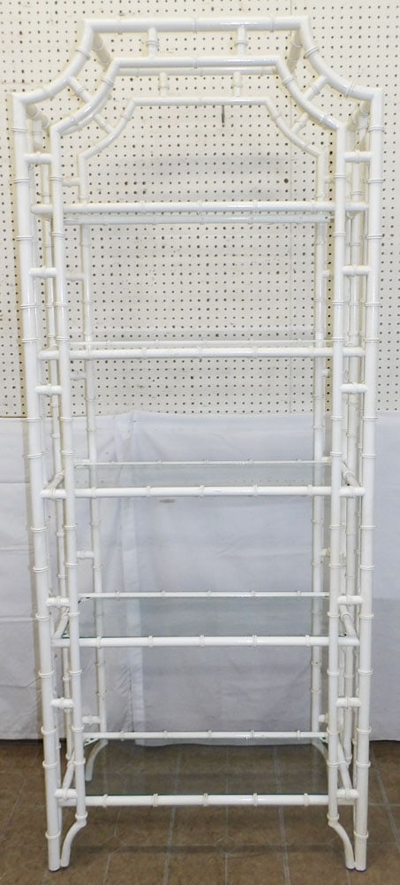 Painted Metal Faux Bamboo Etagere: Painted Metal Faux Bamboo Etagere . 80 1/4" H 32 3/4" W 14 1/4" D "ALL DESCRIPTIONS AND ANY CONDITION STATEMENT GIVEN BY LANGSTON AUCTION GALLERY ARE STRICTLY OPINIONS AND LANGSTON'S SHALL HAVE NO