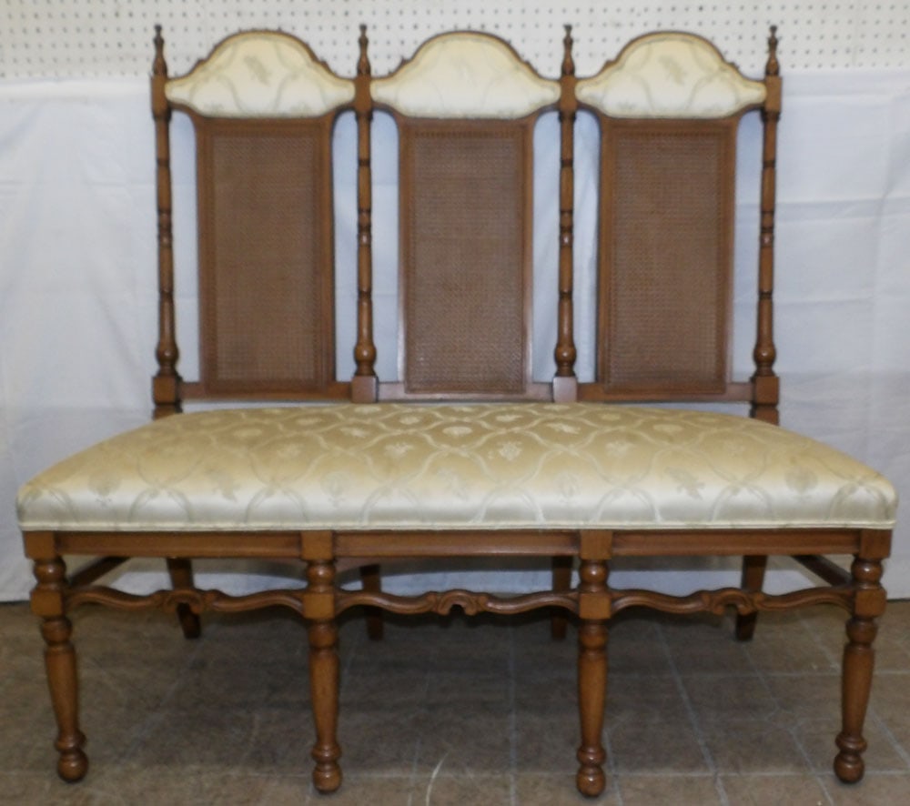 Walnut Upholstered Seat & Cane Back Bench: Walnut Upholstered Seat & Cane Back Bench . 46 1/4" H 48" W 22" D "ALL DESCRIPTIONS AND ANY CONDITION STATEMENT GIVEN BY LANGSTON AUCTION GALLERY ARE STRICTLY OPINIONS AND LANGSTON'S SHALL HAVE NO