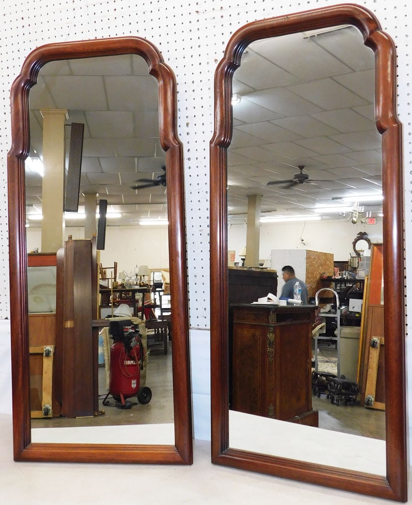 Pair of Mahogany Framed Mirrors by Henkel Harris: Pair of Mahogany Framed Mirrors by Henkel Harris . 49 1/2" H 21 1/2" W "ALL DESCRIPTIONS AND ANY CONDITION STATEMENT GIVEN BY LANGSTON AUCTION GALLERY ARE STRICTLY OPINIONS AND LANGSTON'S SHALL HAVE