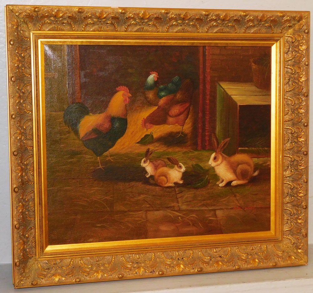 Ornate Gilt Framed Oil on Canvas of Barnyard Rooster & Rabbit Scene Signed Gerald Fishen: Ornate Gilt Framed Oil on Canvas of Barnyard Rooster & Rabbit Scene Signed Gerald Fishen. 26 3/4" x 30 1/2" "ALL DESCRIPTIONS AND ANY CONDITION STATEMENT GIVEN BY LANGSTON AUCTION GALLERY ARE STRICTLY