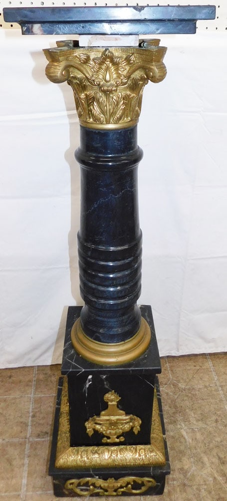 Marble & Cast Brass Column Form Pedestal: Marble & Cast Brass Column Form Pedestal . 45" H 12" Dia. "ALL DESCRIPTIONS AND ANY CONDITION STATEMENT GIVEN BY LANGSTON AUCTION GALLERY ARE STRICTLY OPINIONS AND LANGSTON'S SHALL HAVE NO