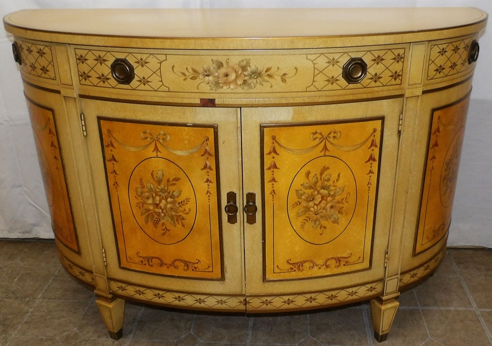 Painted Wood Demi Lune Console: Painted Wood Demi Lune Console . 30" H 44 1/4" W 17" D "ALL DESCRIPTIONS AND ANY CONDITION STATEMENT GIVEN BY LANGSTON AUCTION GALLERY ARE STRICTLY OPINIONS AND LANGSTON'S SHALL HAVE NO