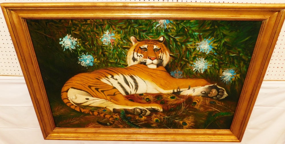 Gilded Frame Oil on Board of Tiger by Maitland Smith: Gilded Frame Oil on Board of Tiger by Maitland Smith . 38 1/4" x 56" "ALL DESCRIPTIONS AND ANY CONDITION STATEMENT GIVEN BY LANGSTON AUCTION GALLERY ARE STRICTLY OPINIONS AND LANGSTON'S SHALL HAVE NO