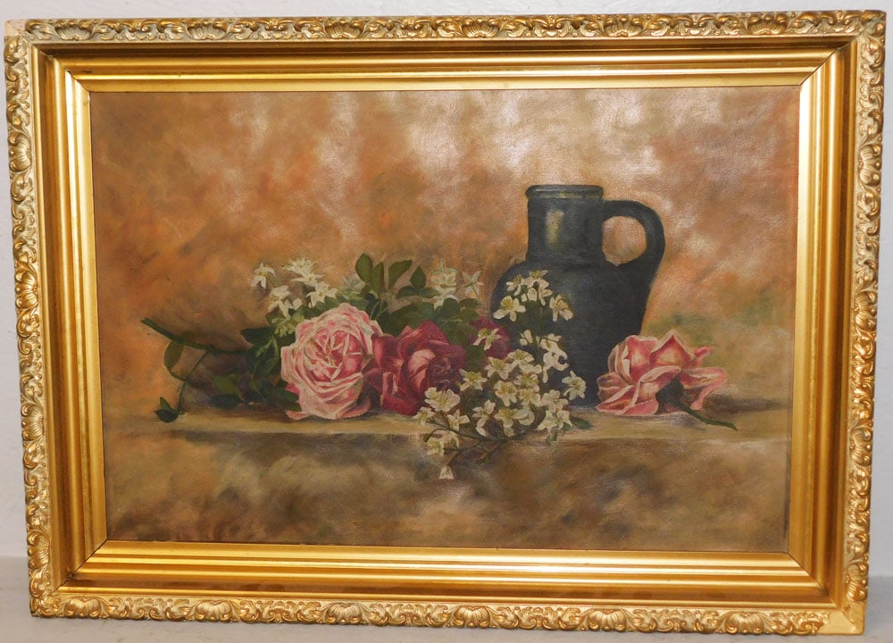 19th Century Victorian Oil on Canvas Still Life of Roses: 19th Century Victorian Oil on Canvas Still Life of Roses. 20 1/4" x 28 1/4" "ALL DESCRIPTIONS AND ANY CONDITION STATEMENT GIVEN BY LANGSTON AUCTION GALLERY ARE STRICTLY OPINIONS AND LANGSTON'S SHALL