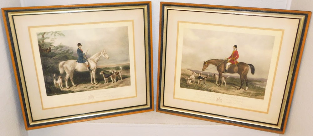 Pair of Antique English Hand Colored Fox Hunt Engravings by Edward Hacker: Pair of Antique English Hand Colored Fox Hunt Engravings by Edward Hacker. 27" x 30" each "ALL DESCRIPTIONS AND ANY CONDITION STATEMENT GIVEN BY LANGSTON AUCTION GALLERY ARE STRICTLY OPINIONS AND