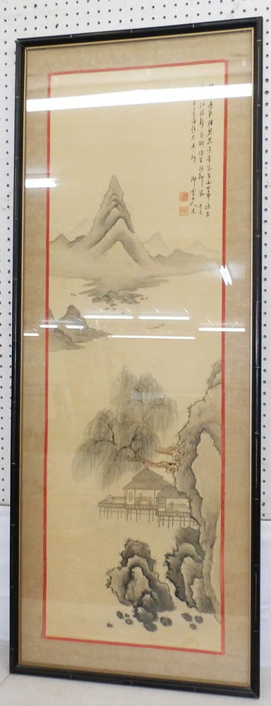 Framed Oriental Watercolor Signed with Character Marks: Framed Oriental Watercolor Signed with Character Marks . 57 1/2" x 22 1/2" "ALL DESCRIPTIONS AND ANY CONDITION STATEMENT GIVEN BY LANGSTON AUCTION GALLERY ARE STRICTLY OPINIONS AND LANGSTON'S SHALL