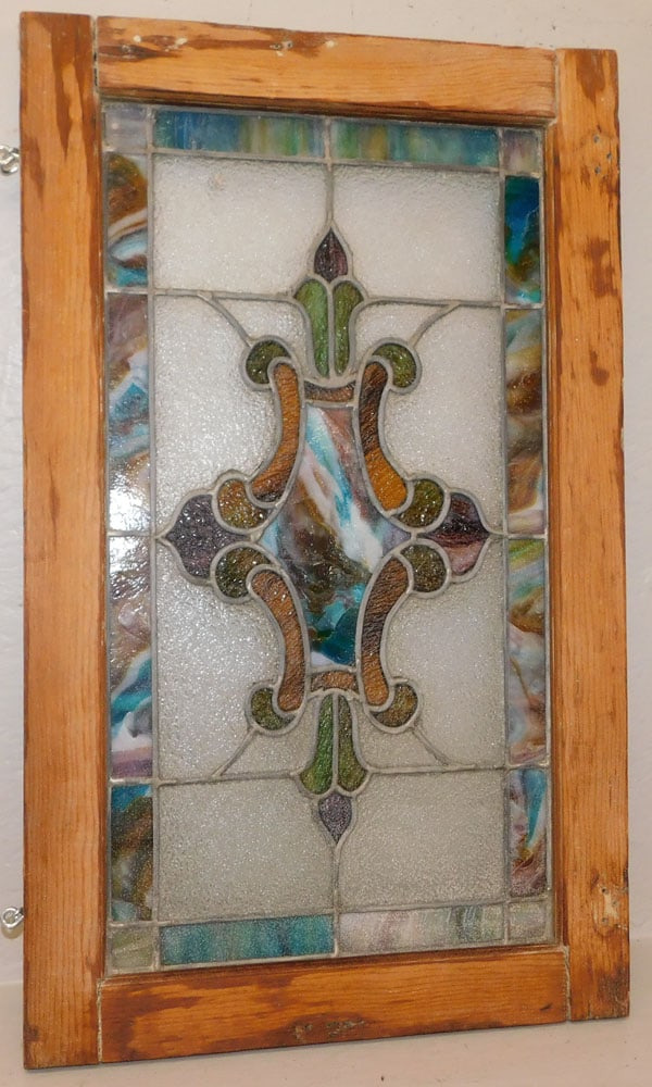 Antique Framed Leaded Stained Glass Window Panel: Antique Framed Leaded Stained Glass Window Panel . 29 1/2" x 17 3/4" "ALL DESCRIPTIONS AND ANY CONDITION STATEMENT GIVEN BY LANGSTON AUCTION GALLERY ARE STRICTLY OPINIONS AND LANGSTON'S SHALL HAVE NO