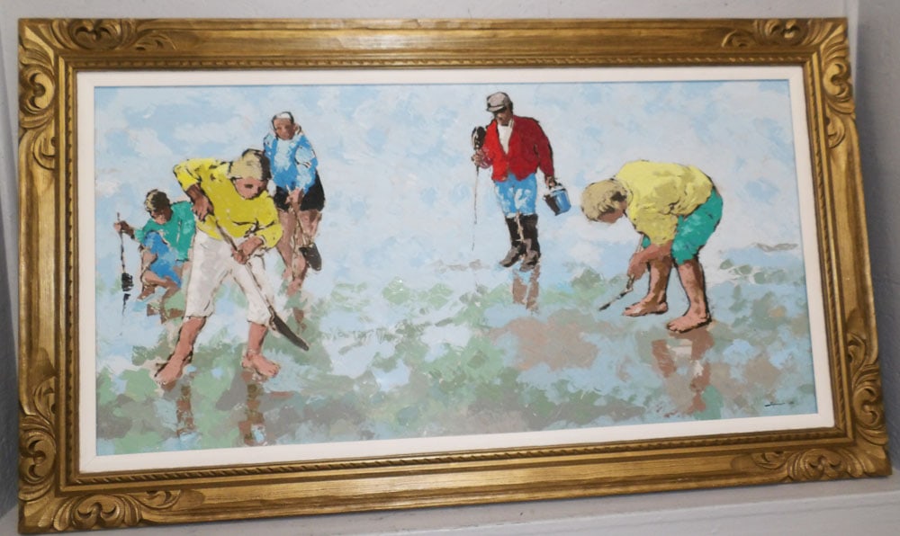 Framed Oil on Canvas Beach Scene Signed: Framed Oil on Canvas Beach Scene Signed . 32 1/4" x 56" "ALL DESCRIPTIONS AND ANY CONDITION STATEMENT GIVEN BY LANGSTON AUCTION GALLERY ARE STRICTLY OPINIONS AND LANGSTON'S SHALL HAVE NO